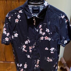 Denim & Flower Cherry Blossom Floral Casual Short Sleeve Button Down Shirt